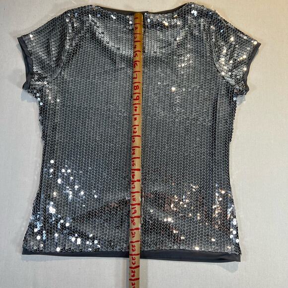 August Silk Knits Silver Sequin Scoop Neck Short Sleeve Top Woman's L - Picture 10 of 14